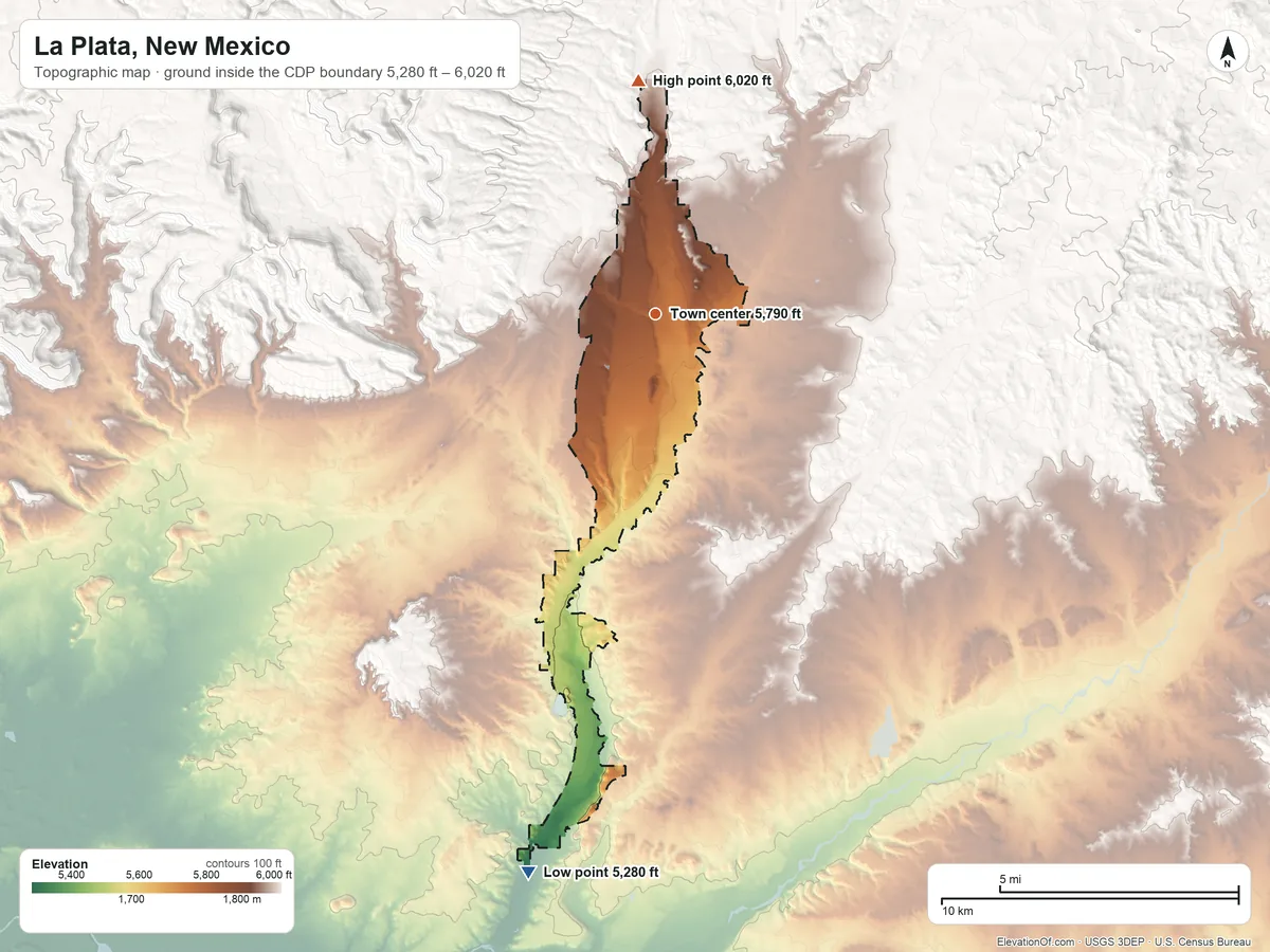 Topographic elevation map of La Plata, New Mexico, shaded from 5,280 ft on the south side to 6,020 ft on the north edge, below higher ground just outside