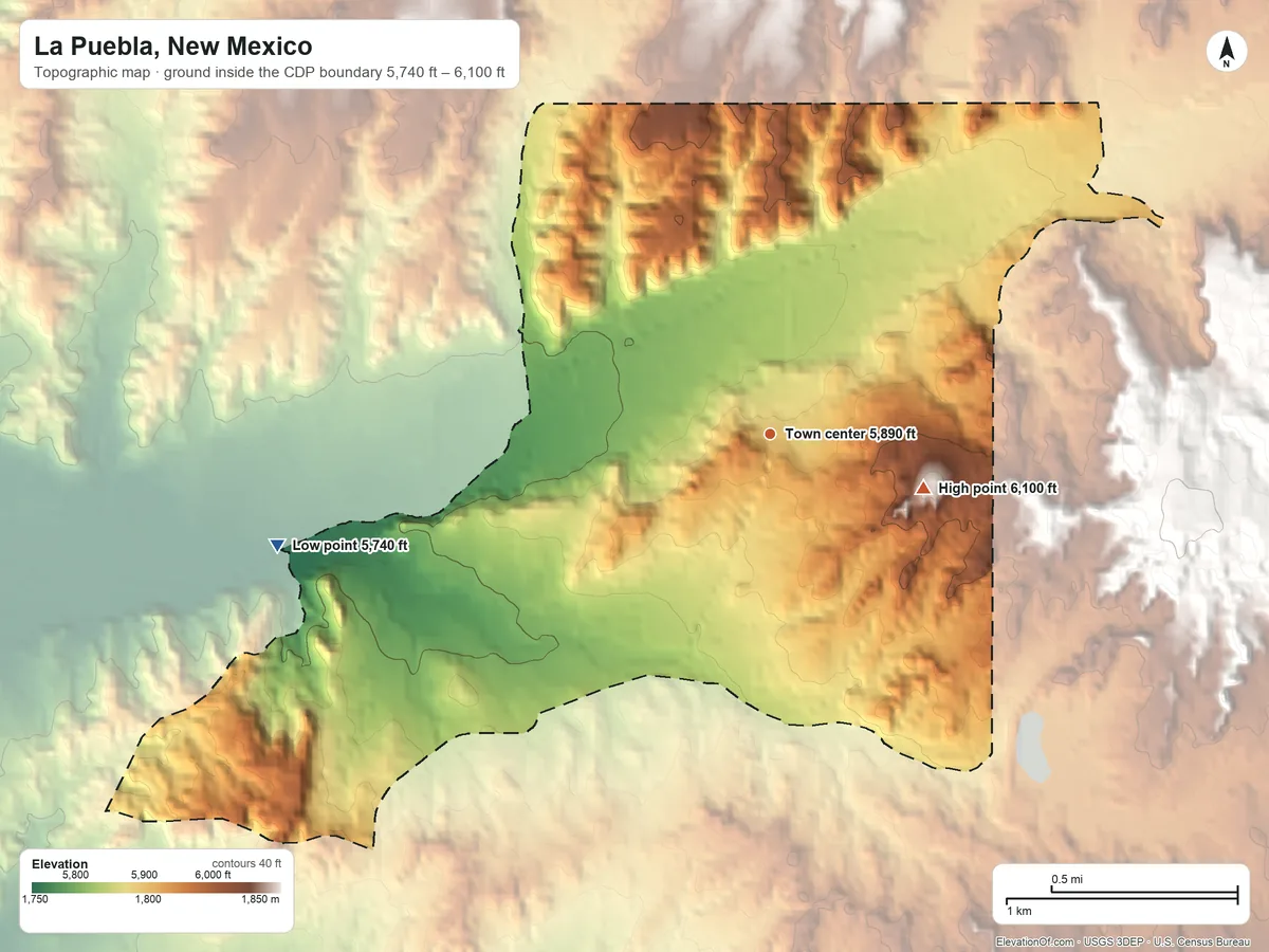 Topographic elevation map of La Puebla, New Mexico, shaded from 5,740 ft on the west side to 6,100 ft on the east edge, below higher ground just outside