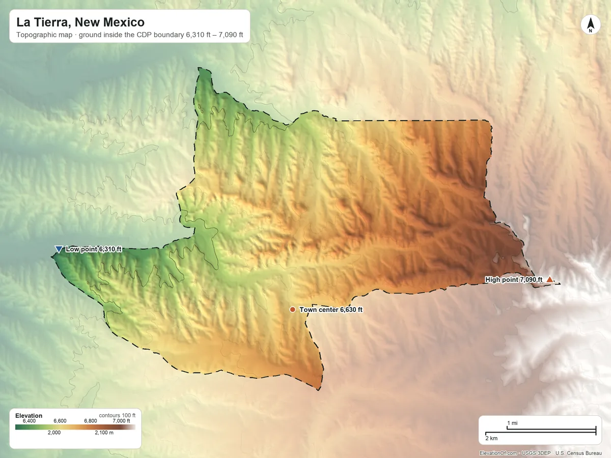 Topographic elevation map of La Tierra, New Mexico, shaded from 6,310 ft on the west side to 7,090 ft on the east side