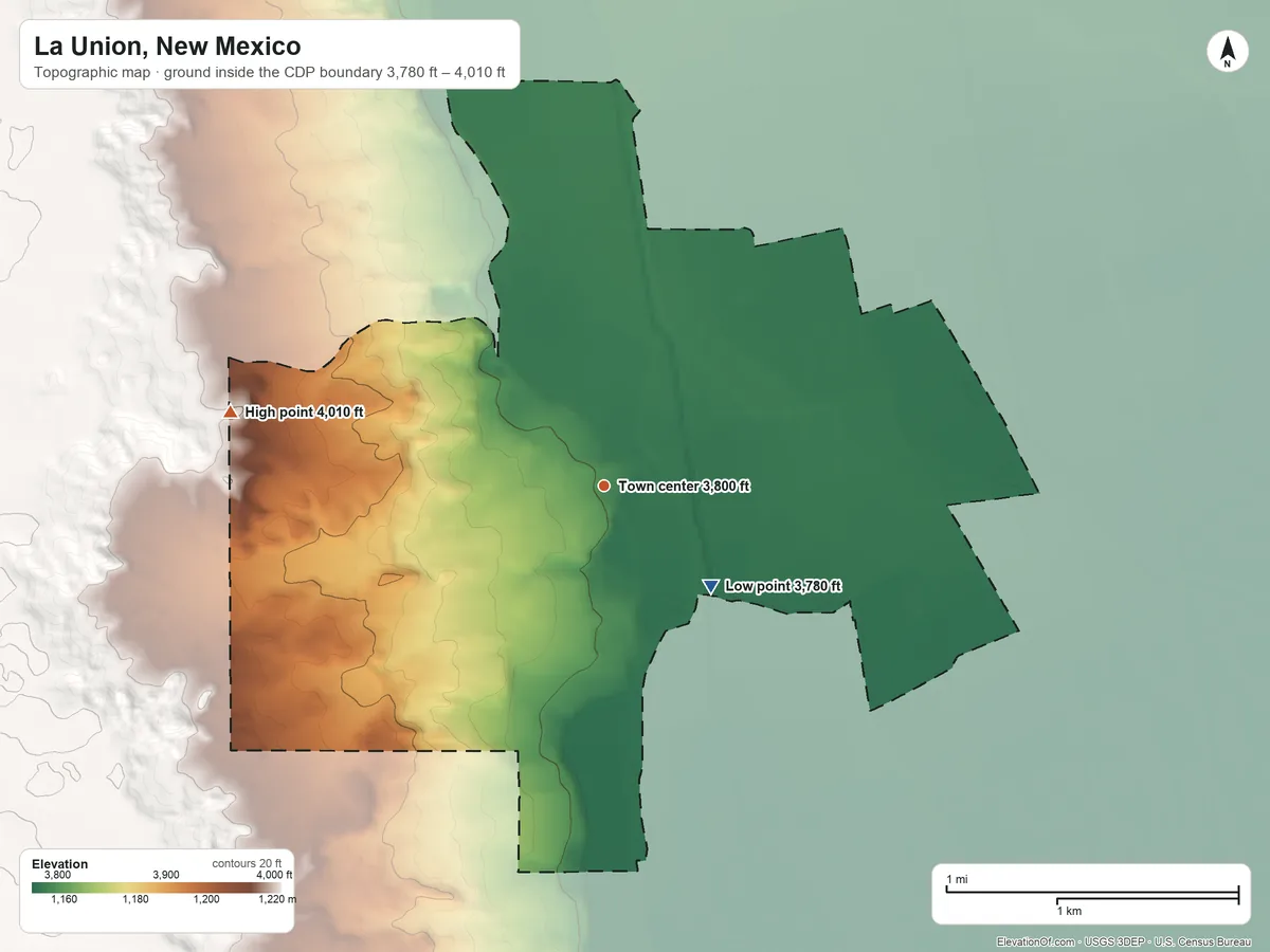Topographic elevation map of La Union, New Mexico, shaded from 3,780 ft on the southeast side to 4,010 ft on the west side