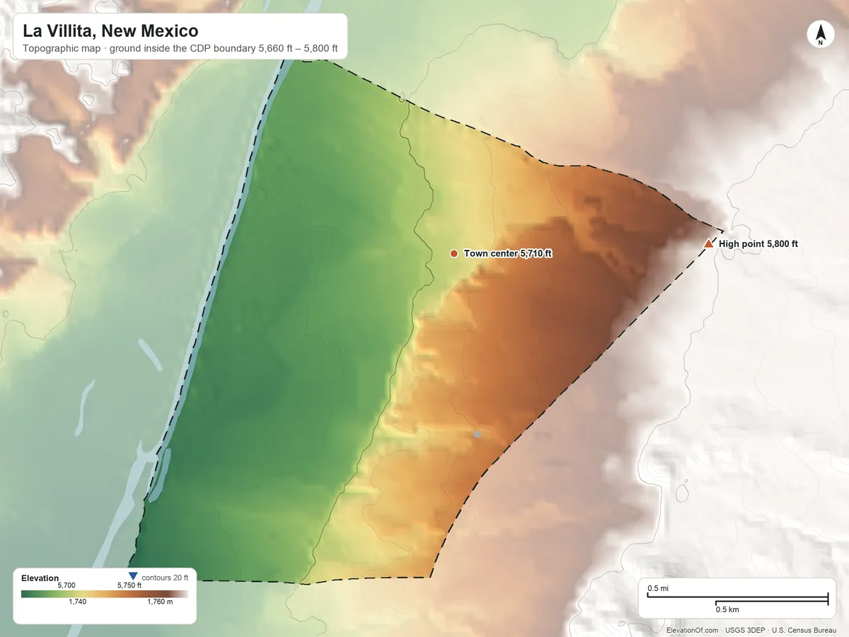 Topographic elevation map of La Villita, New Mexico, shaded from 5,660 ft on the southwest side to 5,800 ft on the east edge, below higher ground just outside