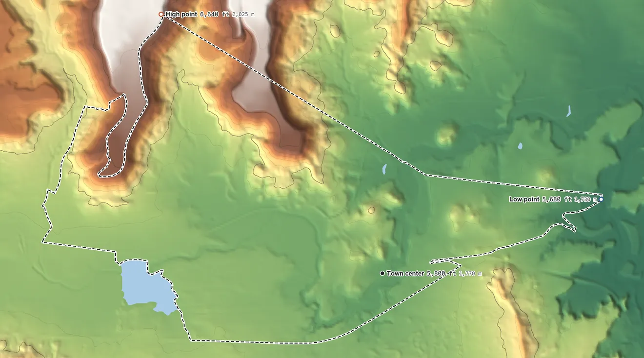 Topographic elevation map of Laguna, New Mexico, shaded from 5,680 ft on the east side to 6,640 ft at the foot of the San Mateo Mountains