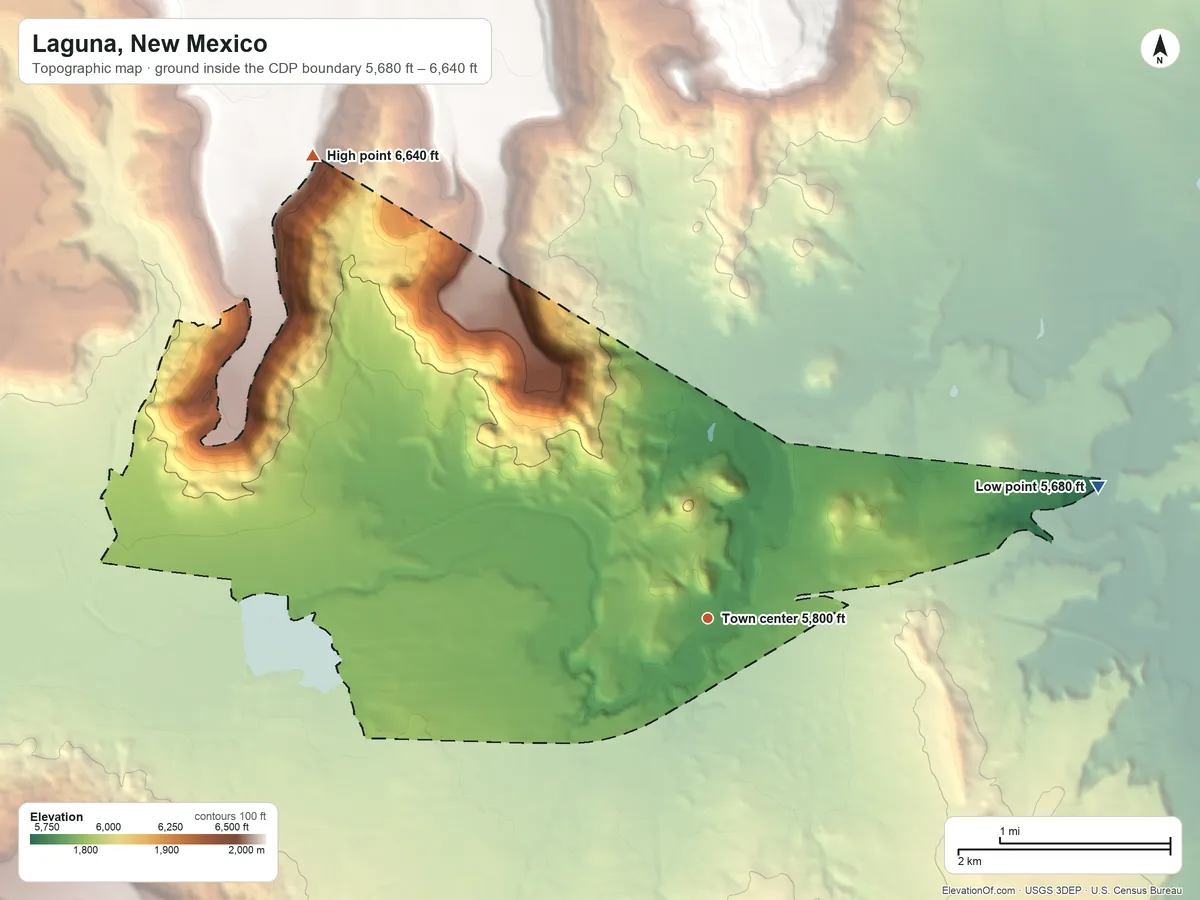 Topographic elevation map of Laguna, New Mexico, shaded from 5,680 ft on the east side to 6,640 ft at the foot of the San Mateo Mountains