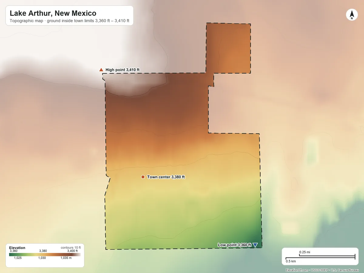 Topographic elevation map of Lake Arthur, New Mexico, shaded from 3,360 ft on the southeast side to 3,410 ft on the north side