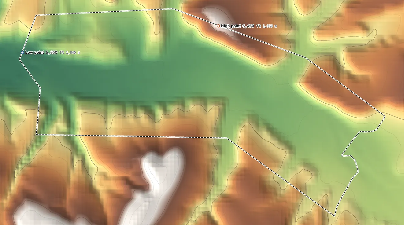 Topographic elevation map of Lake Roberts Heights, New Mexico, shaded from 6,050 ft on the west side to 6,430 ft at the foot of the Pinos Altos Range
