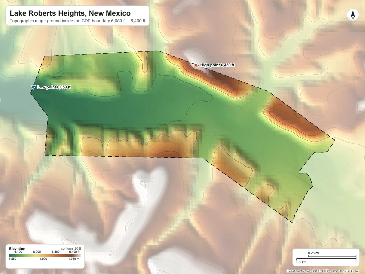 Topographic elevation map of Lake Roberts Heights, New Mexico, shaded from 6,050 ft on the west side to 6,430 ft at the foot of the Pinos Altos Range