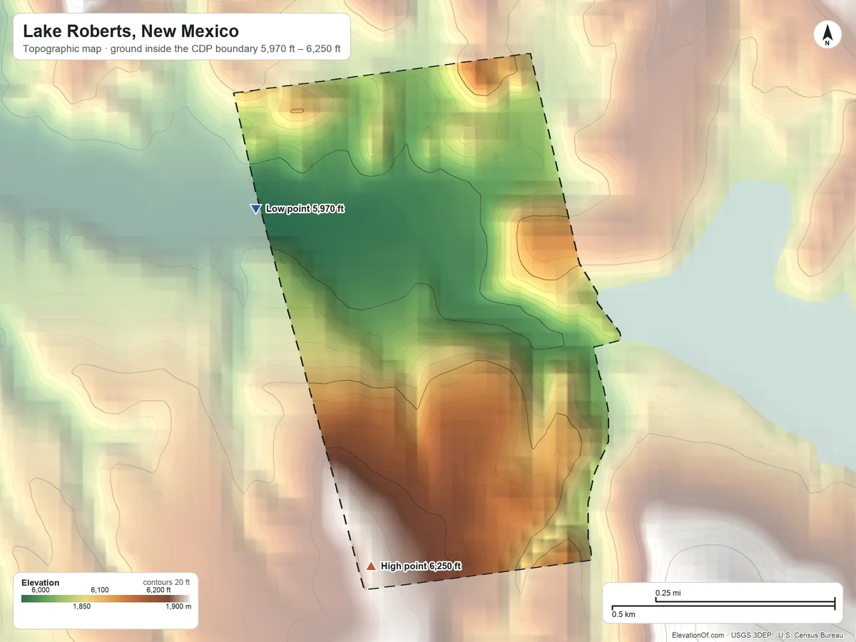 Topographic elevation map of Lake Roberts, New Mexico, shaded from 5,970 ft on the northwest side to 6,250 ft at the foot of the Pinos Altos Range