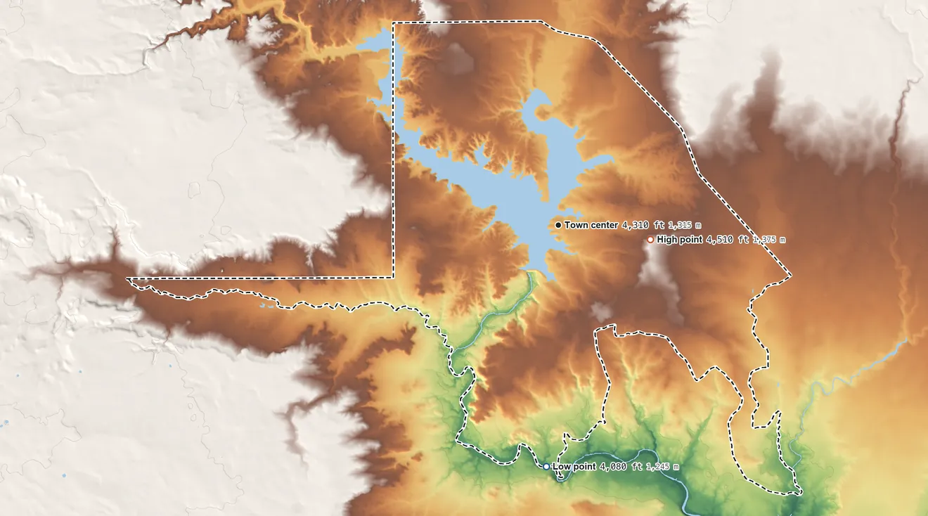 Topographic elevation map of Lake Sumner, New Mexico, shaded from 4,080 ft on the south side to 4,510 ft on the east side
