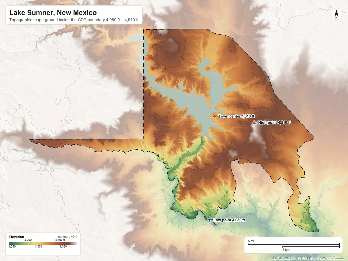 Topographic elevation map of Lake Sumner, New Mexico, shaded from 4,080 ft on the south side to 4,510 ft on the east side