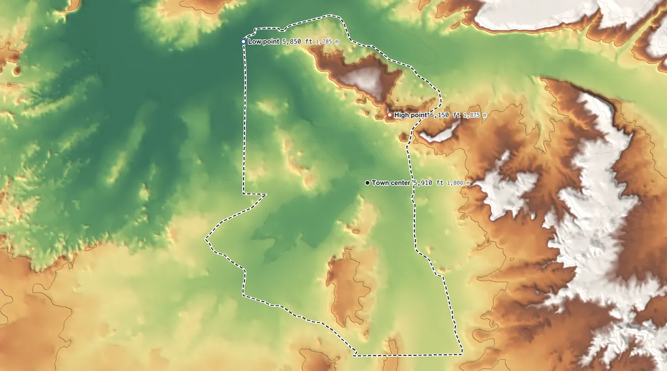 Topographic elevation map of Lake Valley, New Mexico, shaded from 5,850 ft on the northwest side to 6,150 ft on the north side