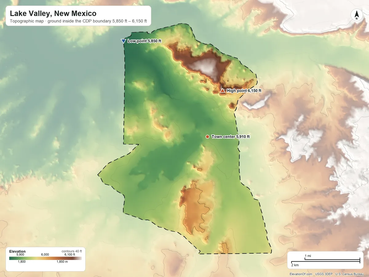 Topographic elevation map of Lake Valley, New Mexico, shaded from 5,850 ft on the northwest side to 6,150 ft on the north side