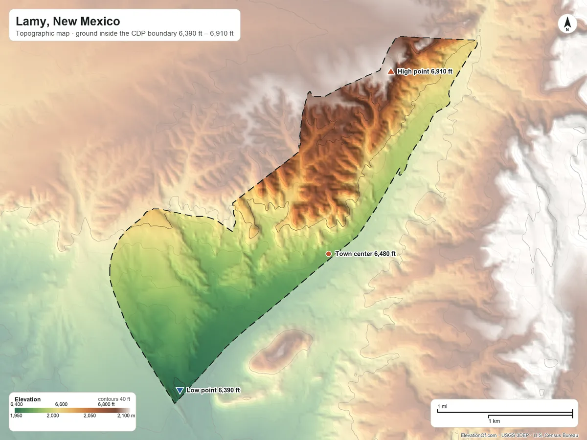 Topographic elevation map of Lamy, New Mexico, shaded from 6,390 ft on the southwest side to 6,910 ft at the foot of the Cerrillos Hills
