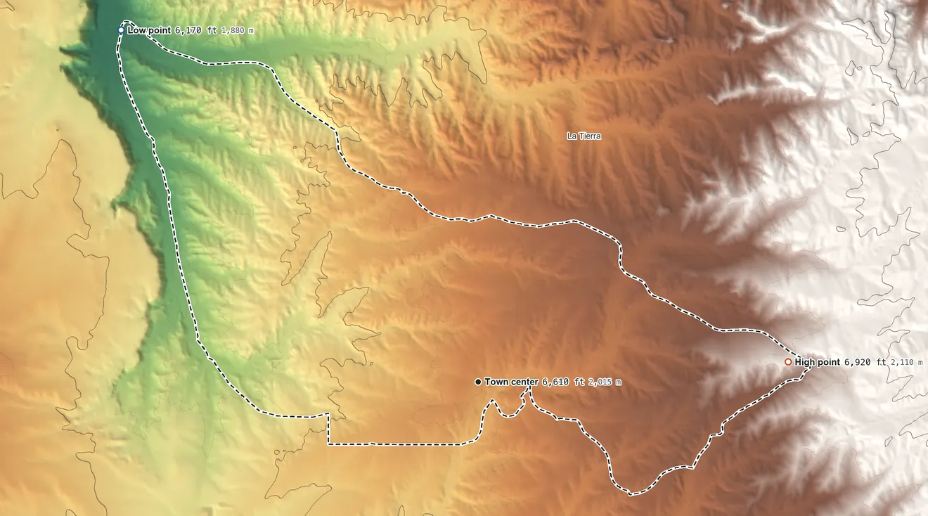 Topographic elevation map of Las Campanas, New Mexico, shaded from 6,170 ft on the northwest side to 6,920 ft on the east side