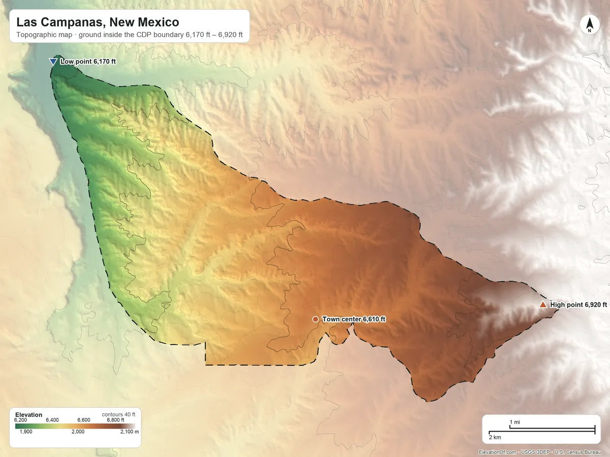 Topographic elevation map of Las Campanas, New Mexico, shaded from 6,170 ft on the northwest side to 6,920 ft on the east side