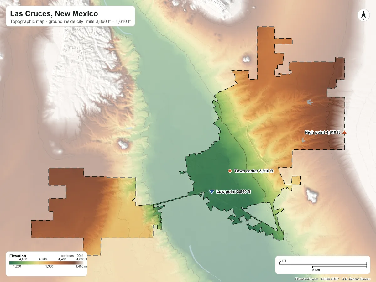 Topographic elevation map of Las Cruces, New Mexico, shaded from 3,860 ft near the middle to 4,610 ft on the east side