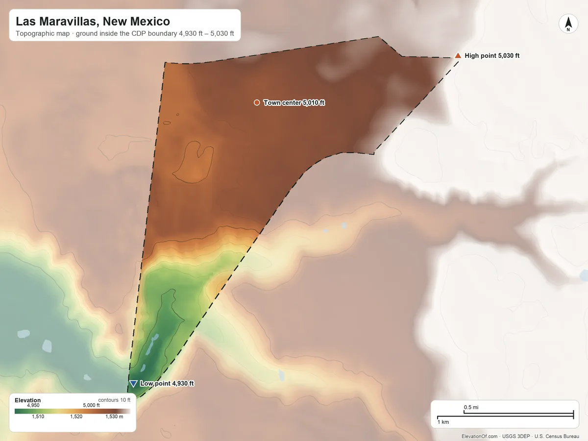 Topographic elevation map of Las Maravillas, New Mexico, shaded from 4,930 ft on the southwest side to 5,030 ft on the east side