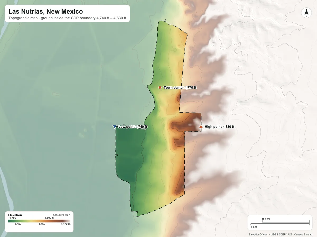 Topographic elevation map of Las Nutrias, New Mexico, shaded from 4,740 ft on the southwest side to 4,830 ft on the southeast side
