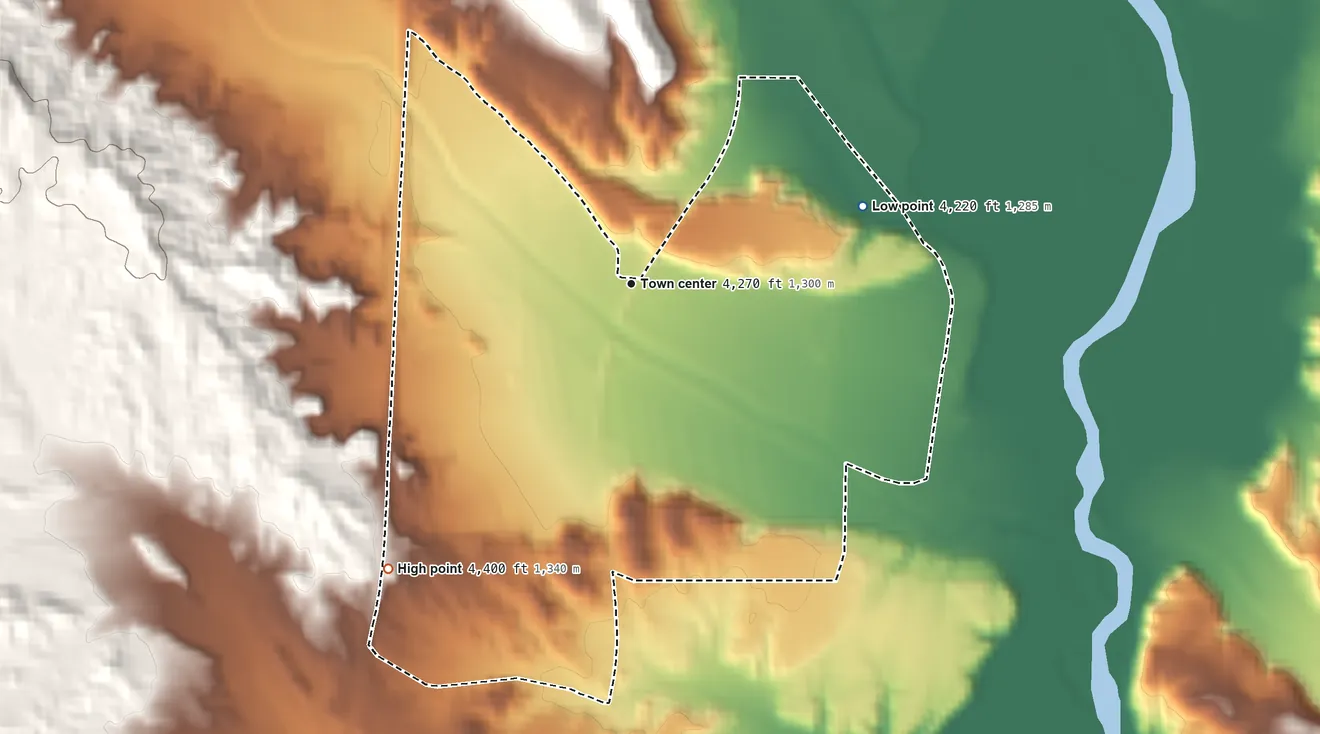 Topographic elevation map of Las Palomas, New Mexico, shaded from 4,220 ft on the east side to 4,400 ft on the southwest side