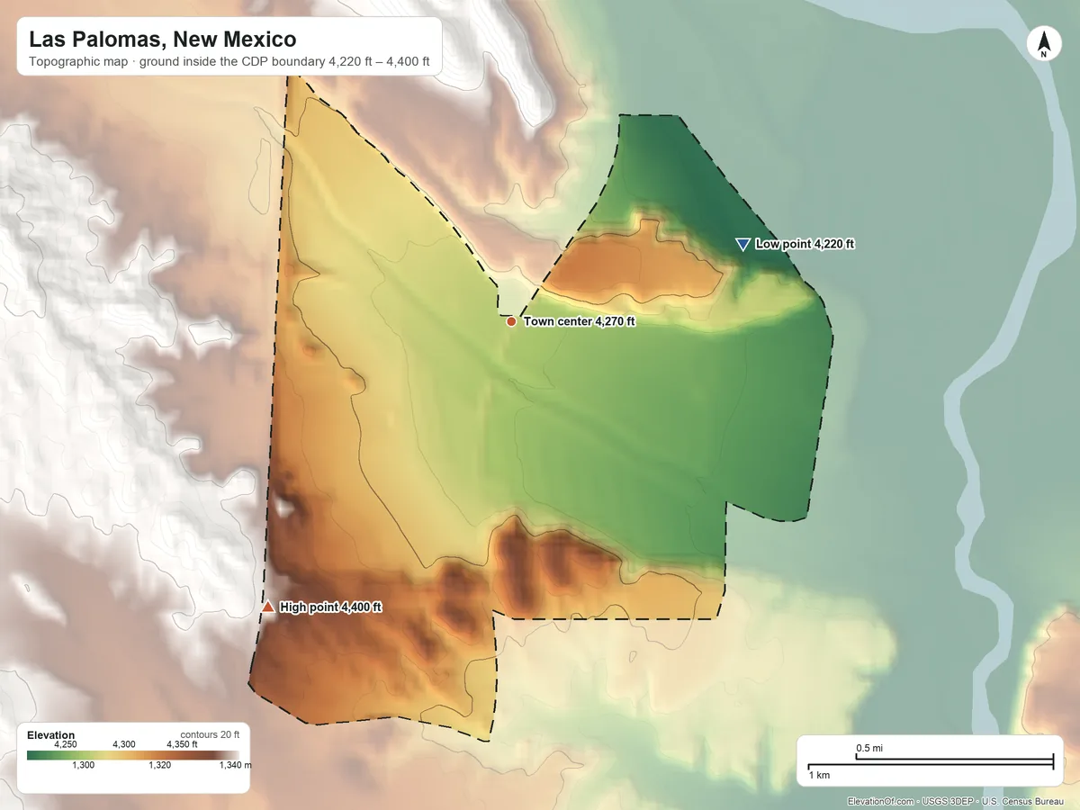 Topographic elevation map of Las Palomas, New Mexico, shaded from 4,220 ft on the east side to 4,400 ft on the southwest side