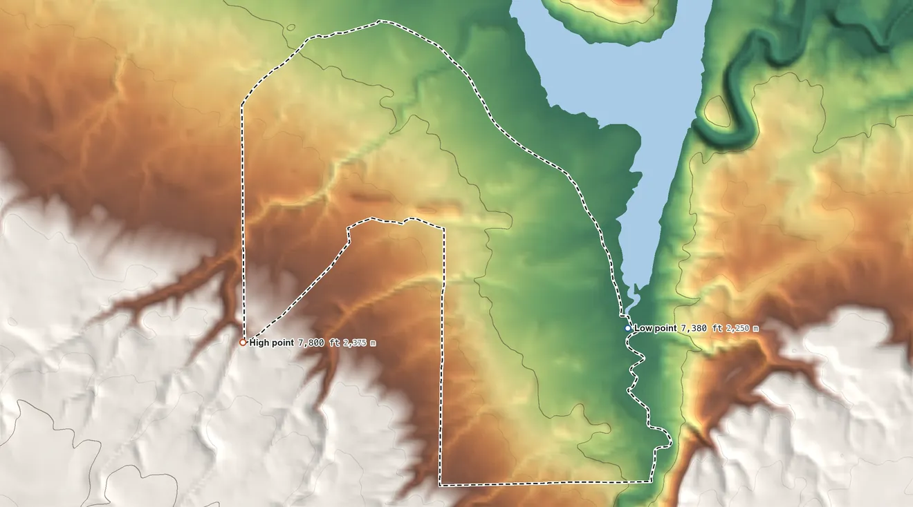 Topographic elevation map of Las Tusas, New Mexico, shaded from 7,380 ft on the east side to 7,800 ft at the foot of the Zuñi Mountains