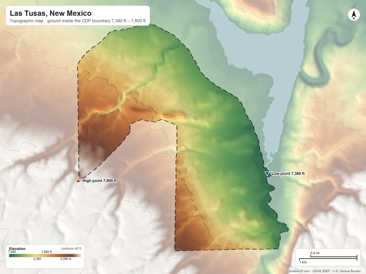 Topographic elevation map of Las Tusas, New Mexico, shaded from 7,380 ft on the east side to 7,800 ft at the foot of the Zuñi Mountains