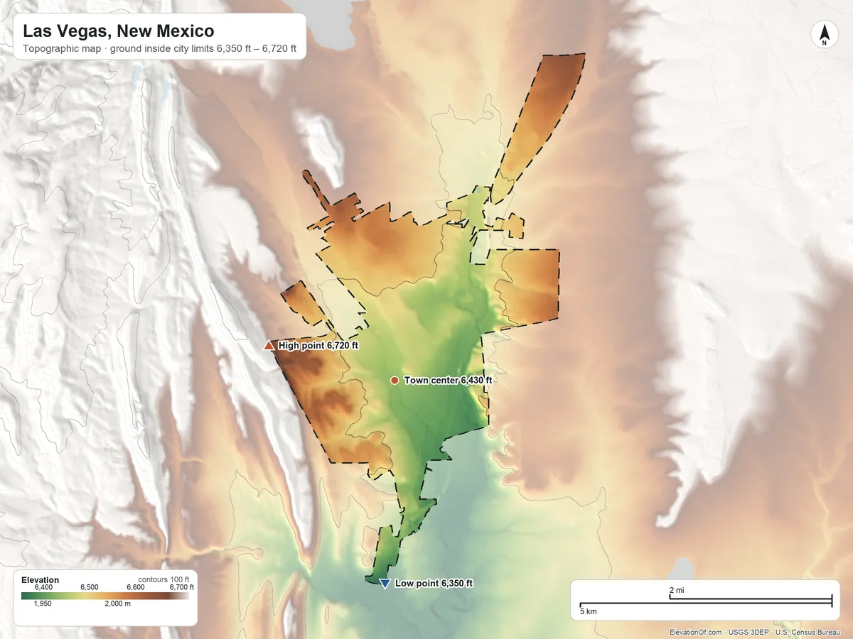 Topographic elevation map of Las Vegas, New Mexico, shaded from 6,350 ft on the south side to 6,720 ft on the west edge, below higher ground just outside