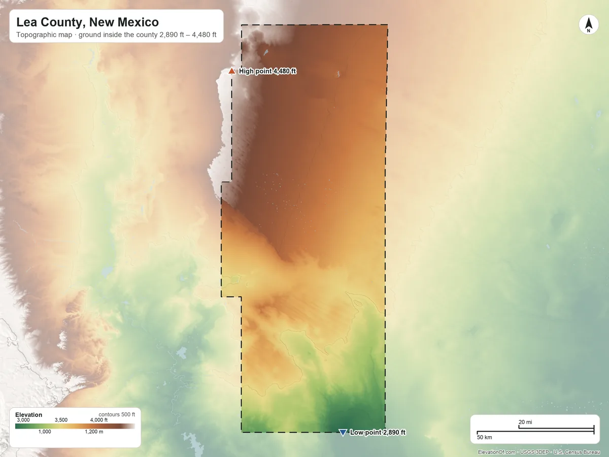Topographic elevation map of Lea County, New Mexico, shaded from 2,890 ft on the south side to 4,480 ft on the northwest side