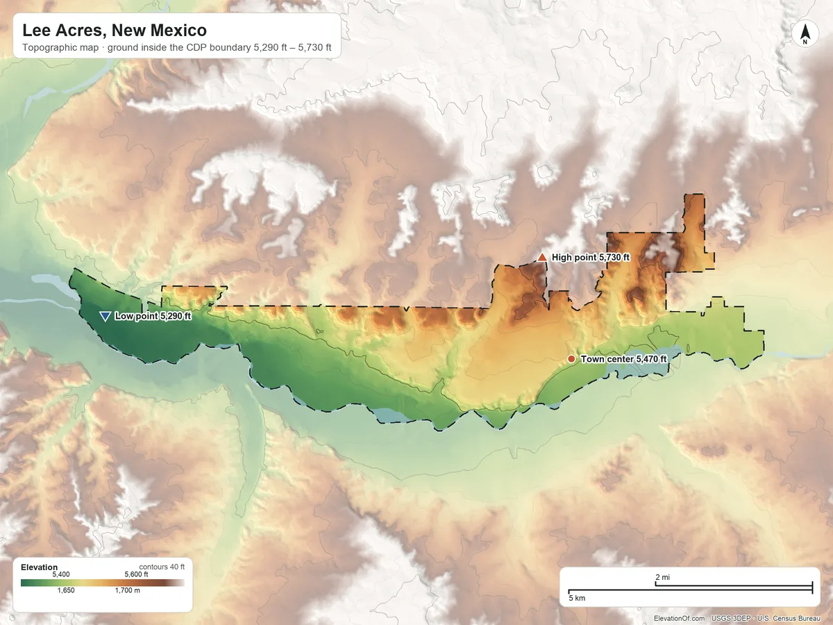Topographic elevation map of Lee Acres, New Mexico, shaded from 5,290 ft on the west side to 5,730 ft on the north side