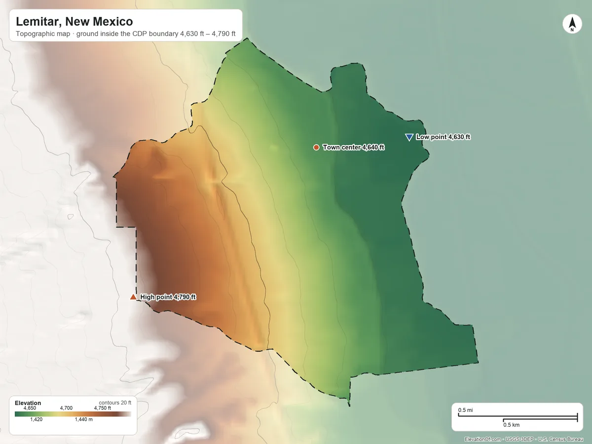 Topographic elevation map of Lemitar, New Mexico, shaded from 4,630 ft on the east side to 4,790 ft at the foot of the Socorro Mountains