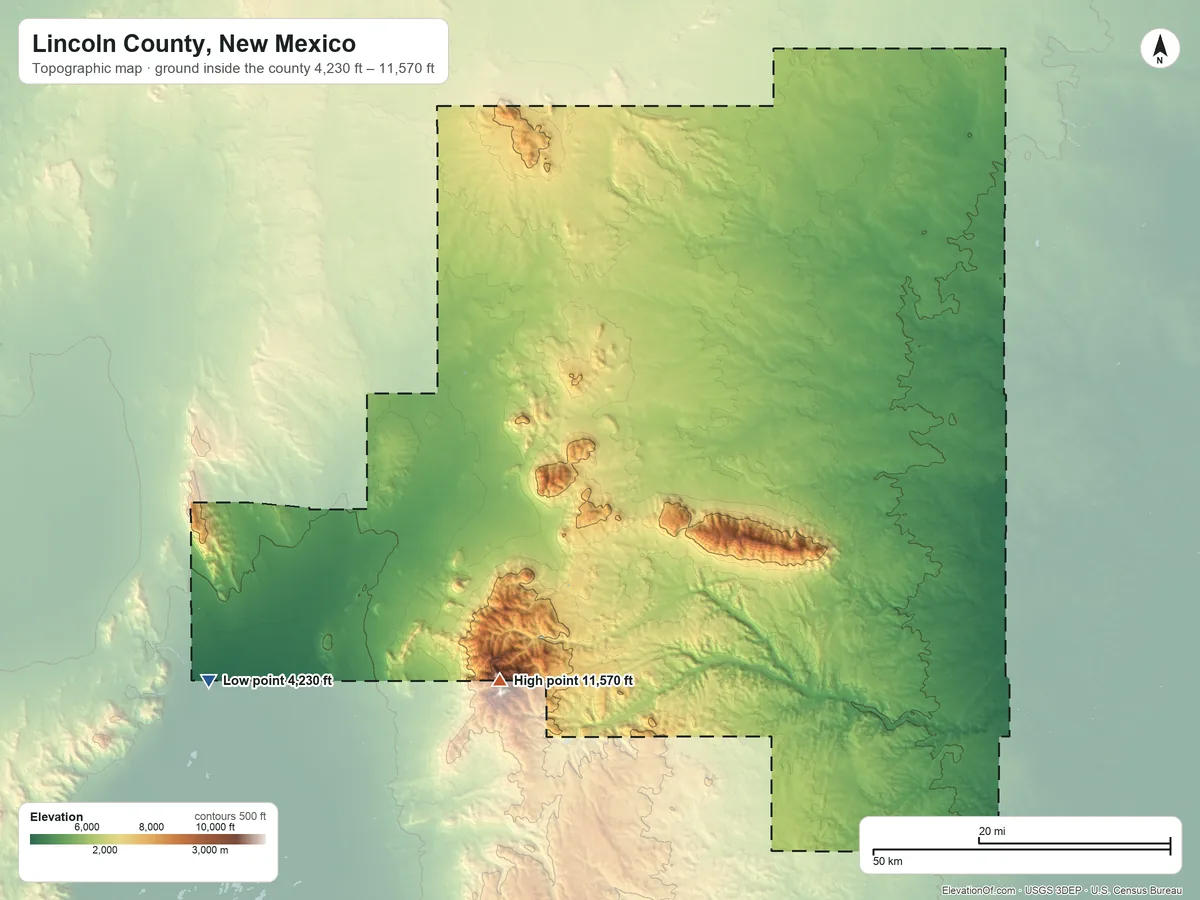 Topographic elevation map of Lincoln County, New Mexico, shaded from 4,230 ft on the southwest side to 11,570 ft on Lookout Mountain