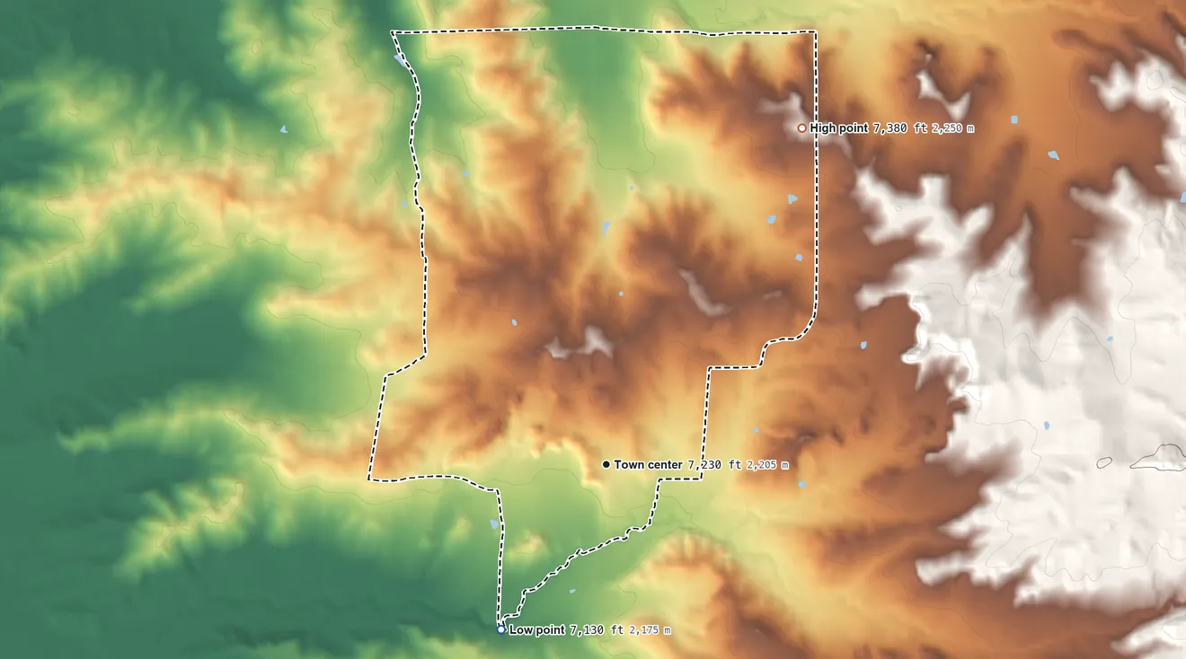 Topographic elevation map of Lindrith, New Mexico, shaded from 7,130 ft on the southwest side to 7,380 ft on the northeast side