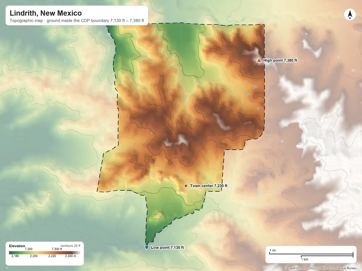 Topographic elevation map of Lindrith, New Mexico, shaded from 7,130 ft on the southwest side to 7,380 ft on the northeast side