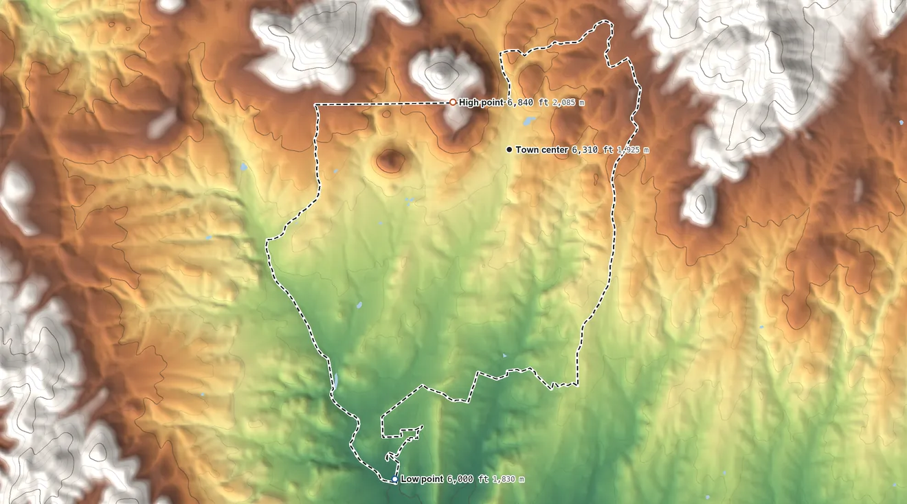 Topographic elevation map of Little Walnut Village, New Mexico, shaded from 6,000 ft on the south side to 6,840 ft at the foot of the Silver City Range