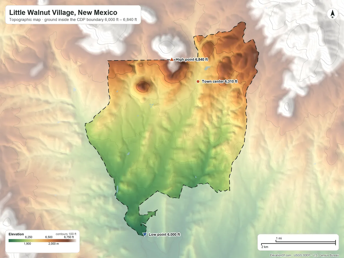 Topographic elevation map of Little Walnut Village, New Mexico, shaded from 6,000 ft on the south side to 6,840 ft at the foot of the Silver City Range