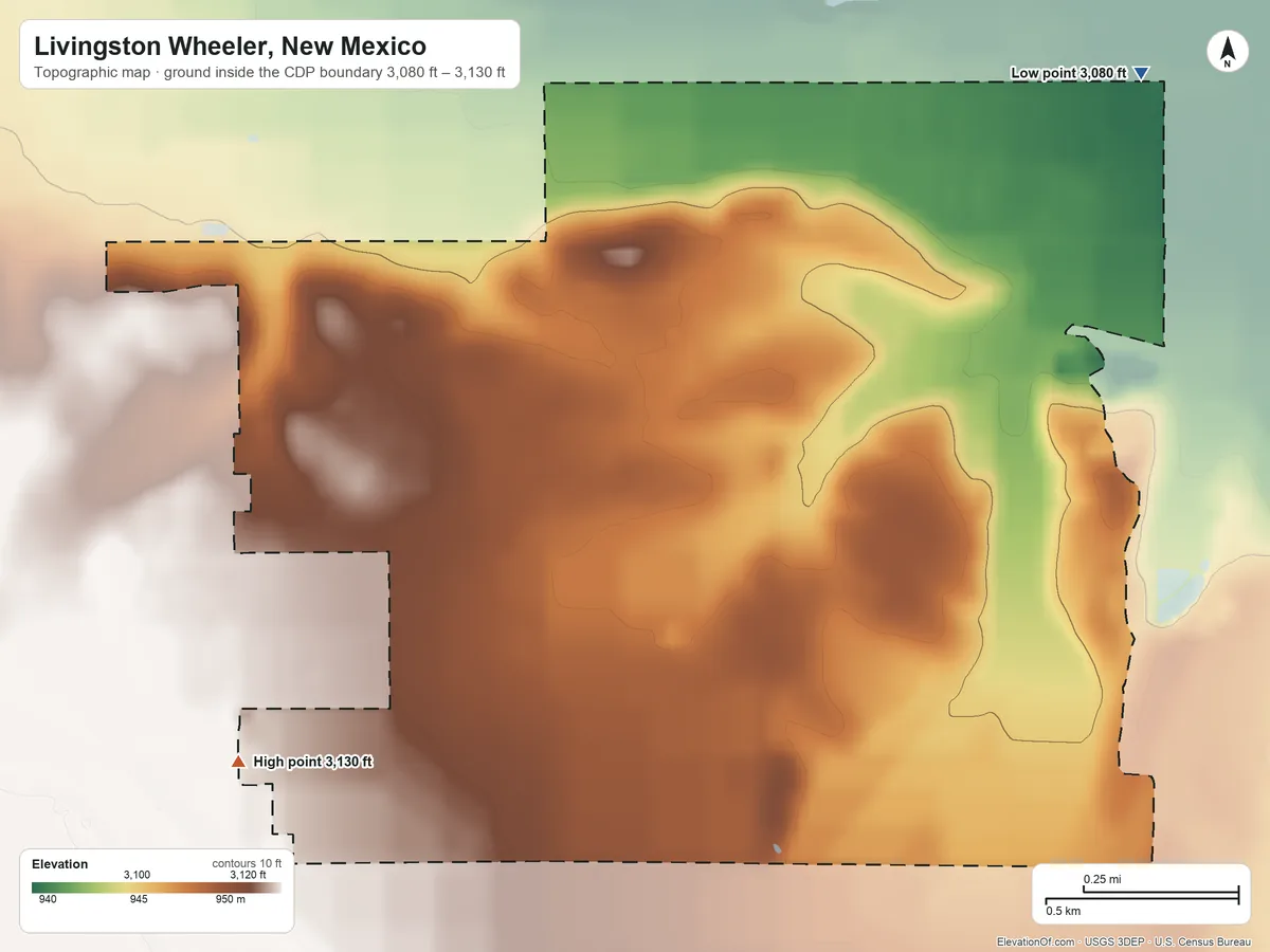 Topographic elevation map of Livingston Wheeler, New Mexico, shaded from 3,080 ft on the northeast side to 3,130 ft on the southwest side