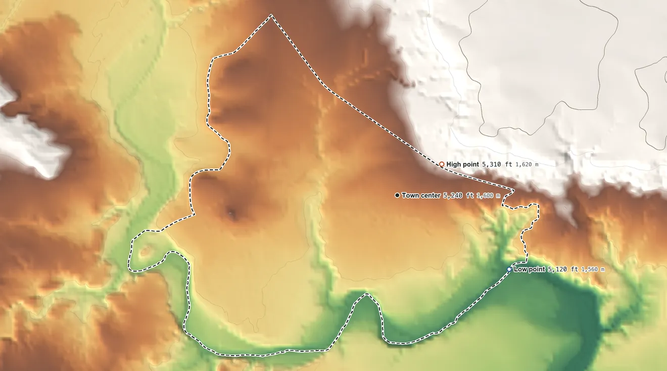 Topographic elevation map of Llano del Medio, New Mexico, shaded from 5,120 ft on the southeast side to 5,310 ft on the northeast side