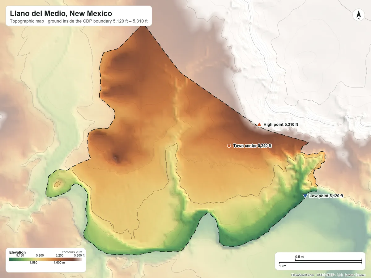 Topographic elevation map of Llano del Medio, New Mexico, shaded from 5,120 ft on the southeast side to 5,310 ft on the northeast side