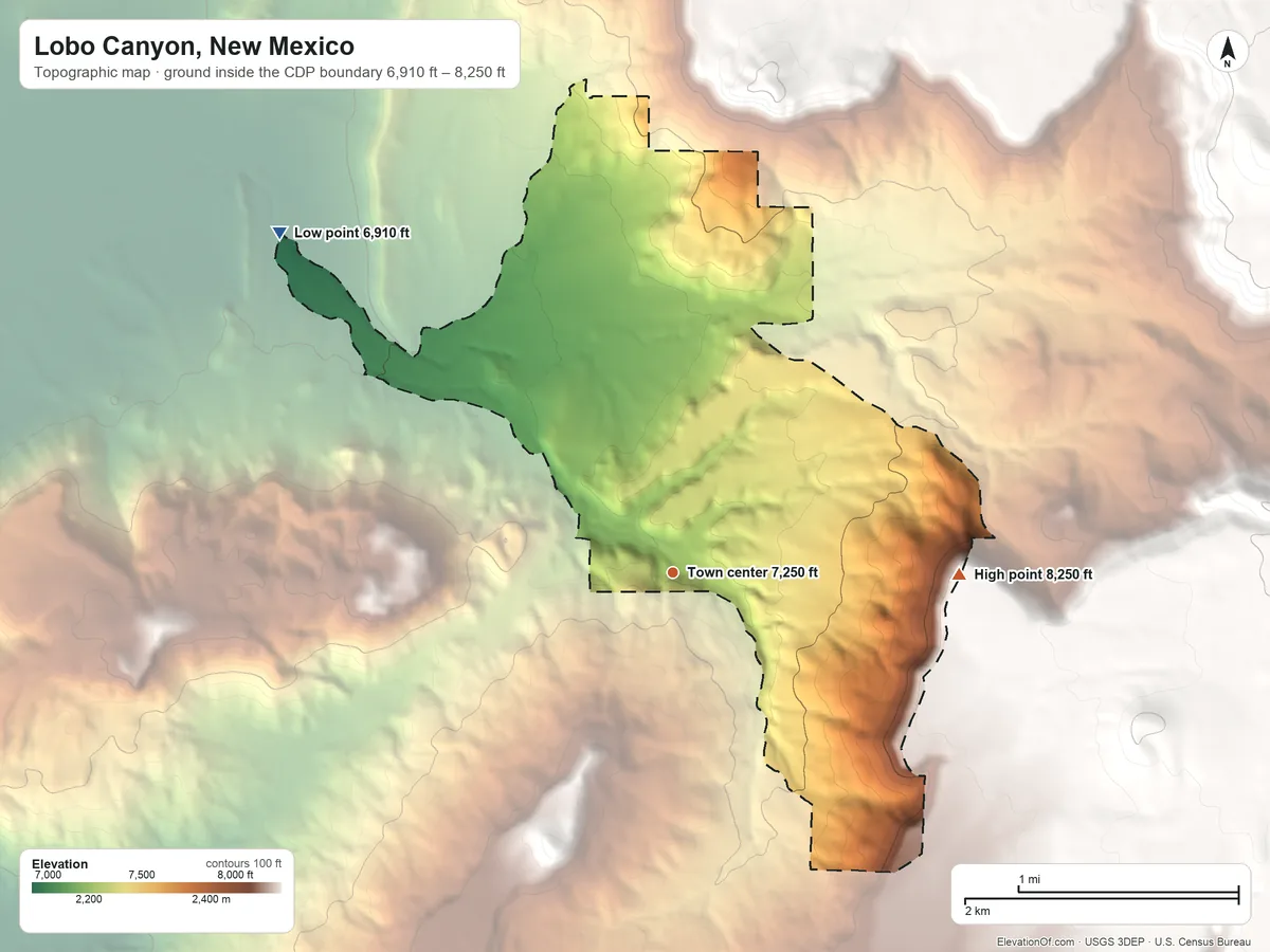 Topographic elevation map of Lobo Canyon, New Mexico, shaded from 6,910 ft on the northwest side to 8,250 ft at the foot of the San Mateo Mountains