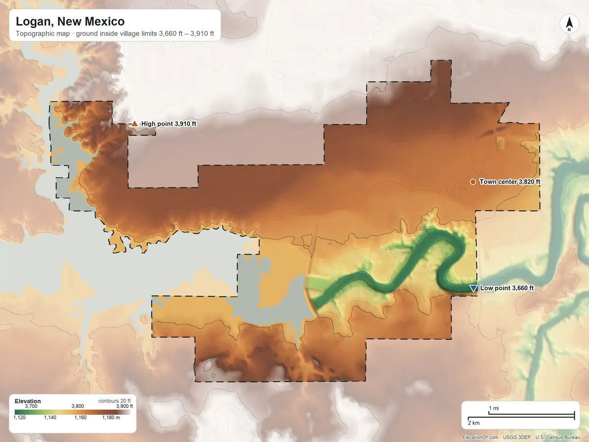 Topographic elevation map of Logan, New Mexico, shaded from 3,660 ft on the south side to 3,910 ft on the west side