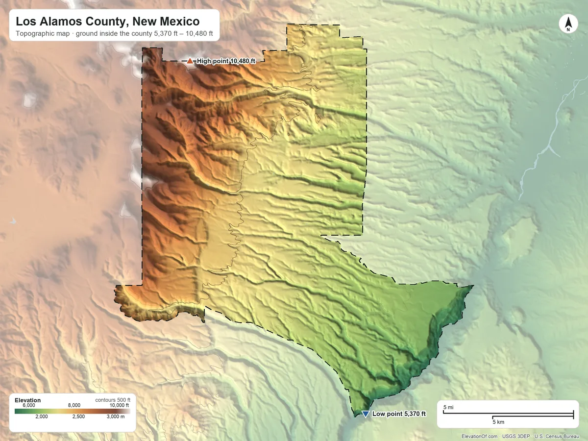 Topographic elevation map of Los Alamos County, New Mexico, shaded from 5,370 ft on the south side to 10,480 ft on Caballo Mountain