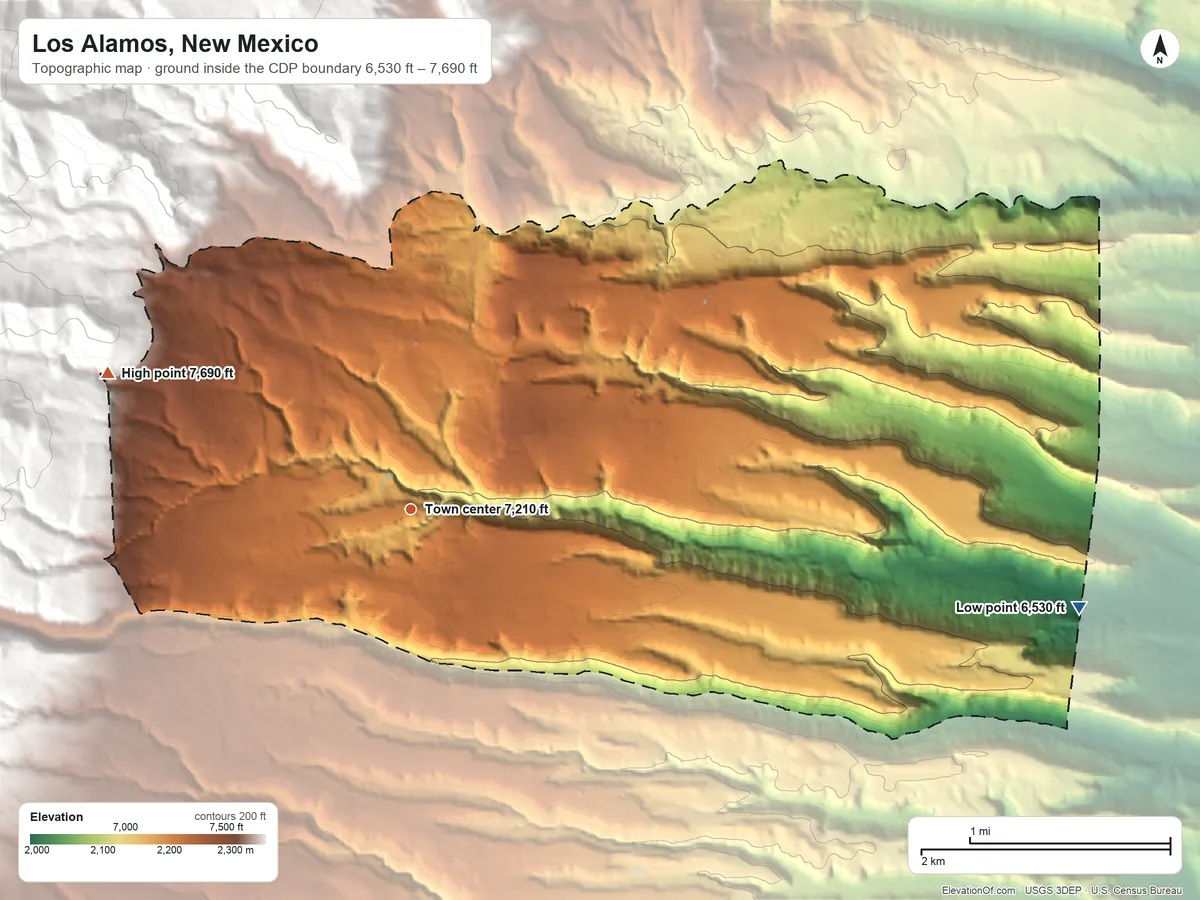 Topographic elevation map of Los Alamos, New Mexico, shaded from 6,530 ft on the east side to 7,690 ft at the foot of the Jemez Mountains