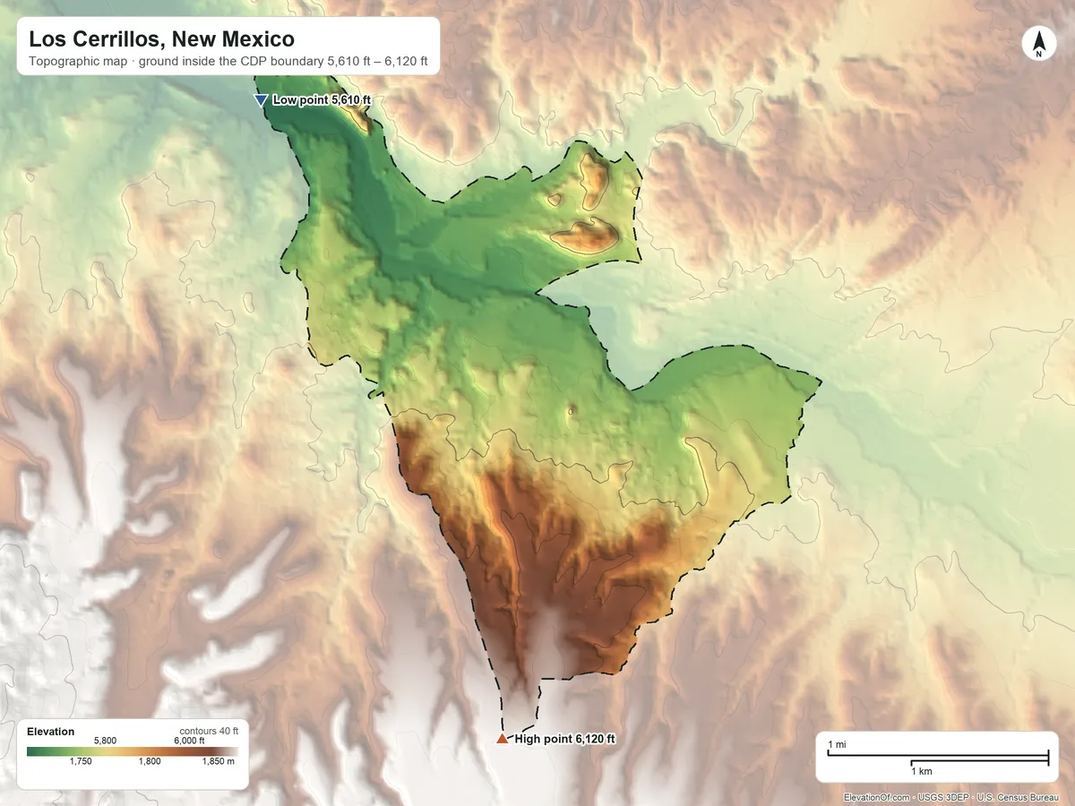 Topographic elevation map of Los Cerrillos, New Mexico, shaded from 5,610 ft on the northwest side to 6,120 ft at the foot of the Ortiz Mountains