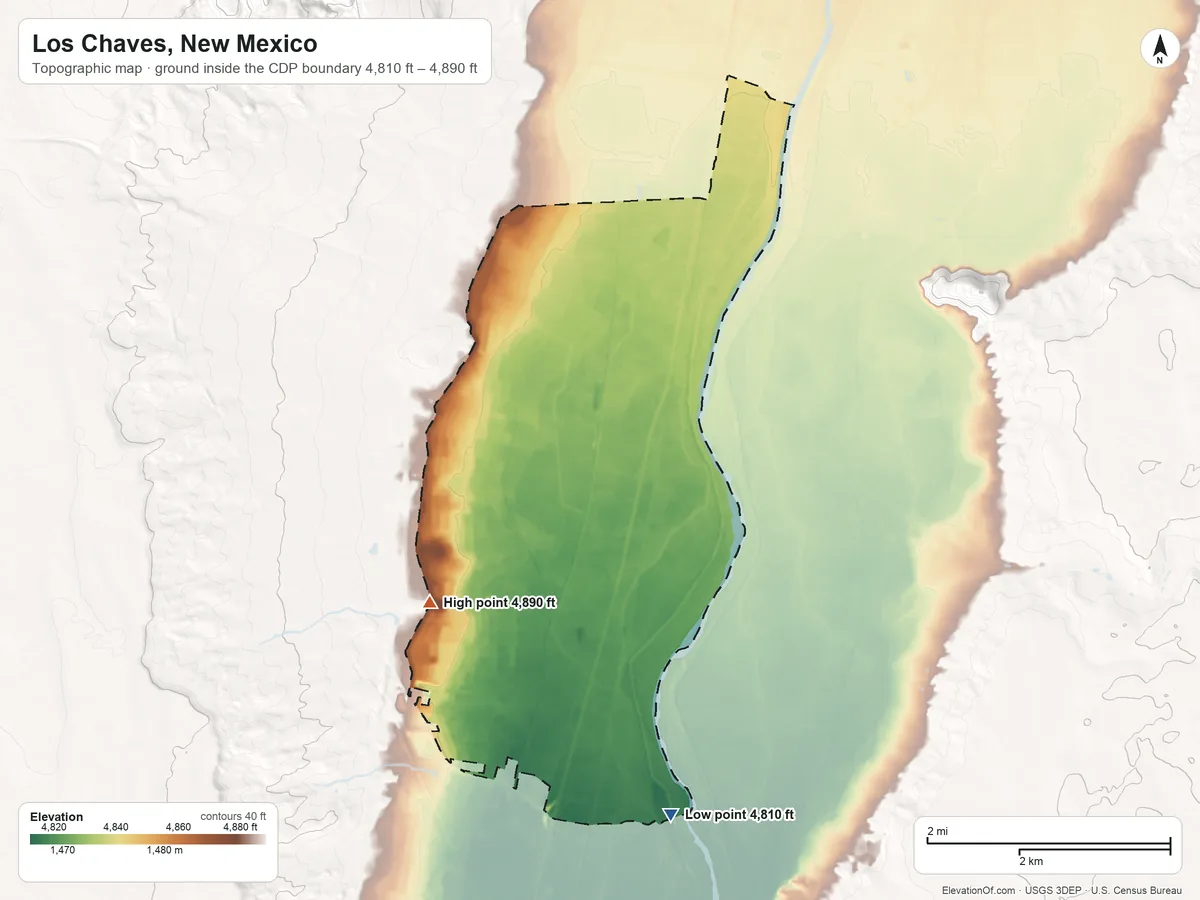 Topographic elevation map of Los Chaves, New Mexico, shaded from 4,810 ft on the south side to 4,890 ft on the southwest side