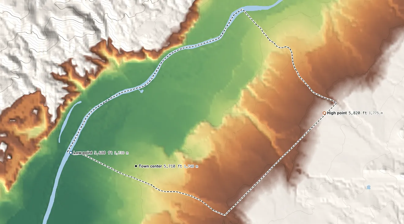 Topographic elevation map of Los Luceros, New Mexico, shaded from 5,680 ft on the west side to 5,820 ft on the east edge, below higher ground just outside
