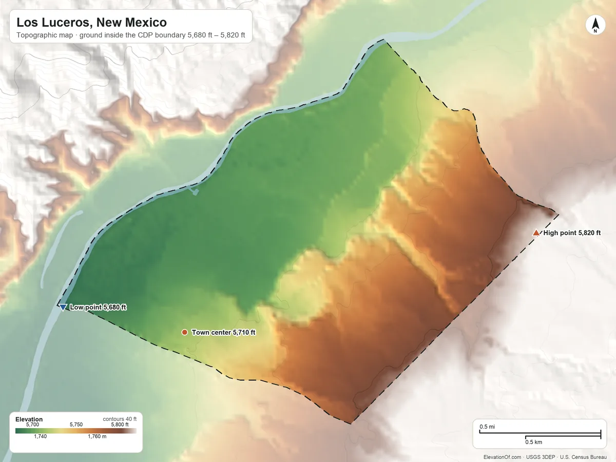 Topographic elevation map of Los Luceros, New Mexico, shaded from 5,680 ft on the west side to 5,820 ft on the east edge, below higher ground just outside
