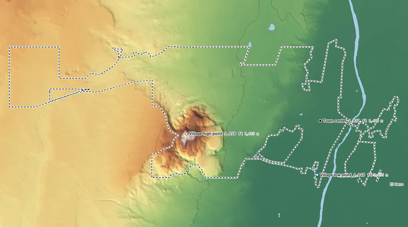 Topographic elevation map of Los Lunas, New Mexico, shaded from 4,840 ft on the south side to 5,953 ft on El Cerro De Los Lunas
