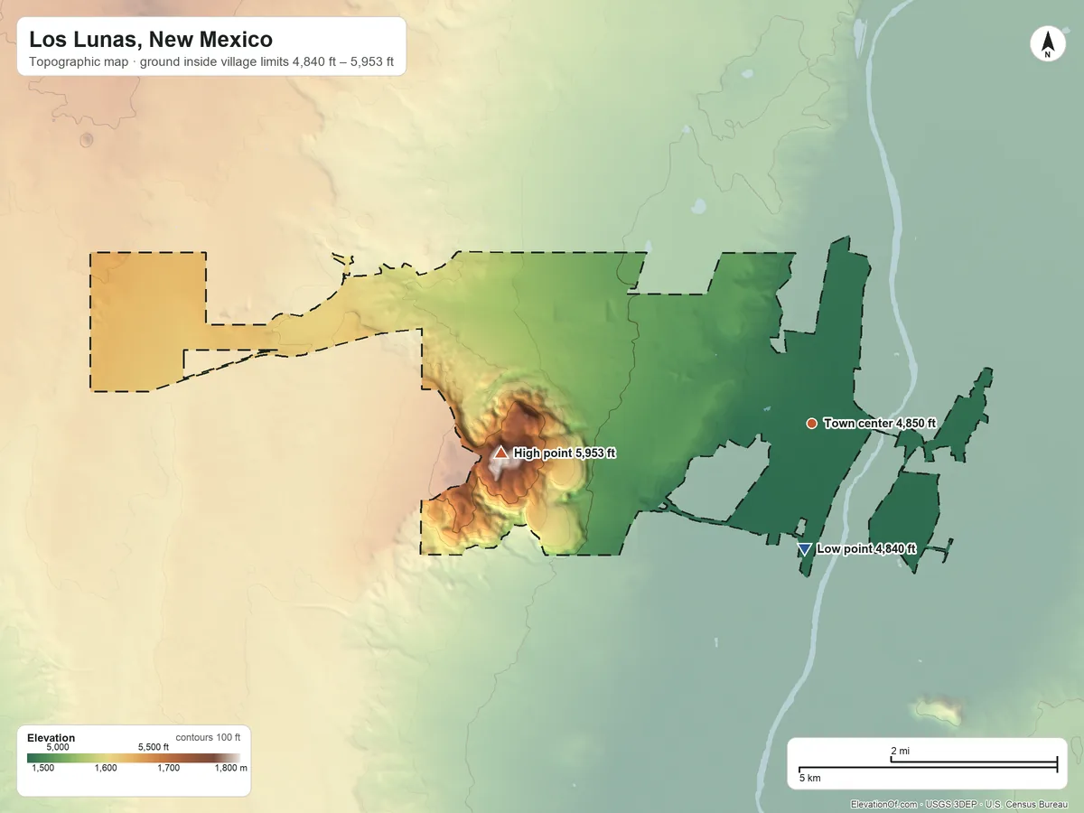 Topographic elevation map of Los Lunas, New Mexico, shaded from 4,840 ft on the south side to 5,953 ft on El Cerro De Los Lunas