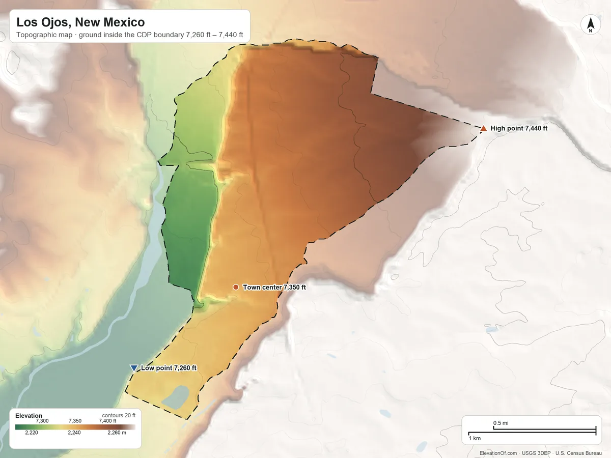 Topographic elevation map of Los Ojos, New Mexico, shaded from 7,260 ft on the southwest side to 7,440 ft on the northeast edge, below higher ground just outside