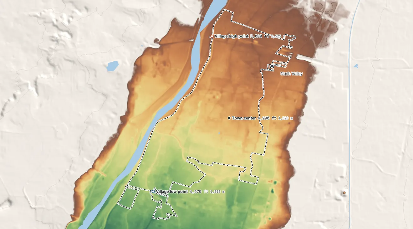 Topographic elevation map of Los Ranchos de Albuquerque, New Mexico, shaded from 4,970 ft on the southwest side to 5,000 ft on the north side