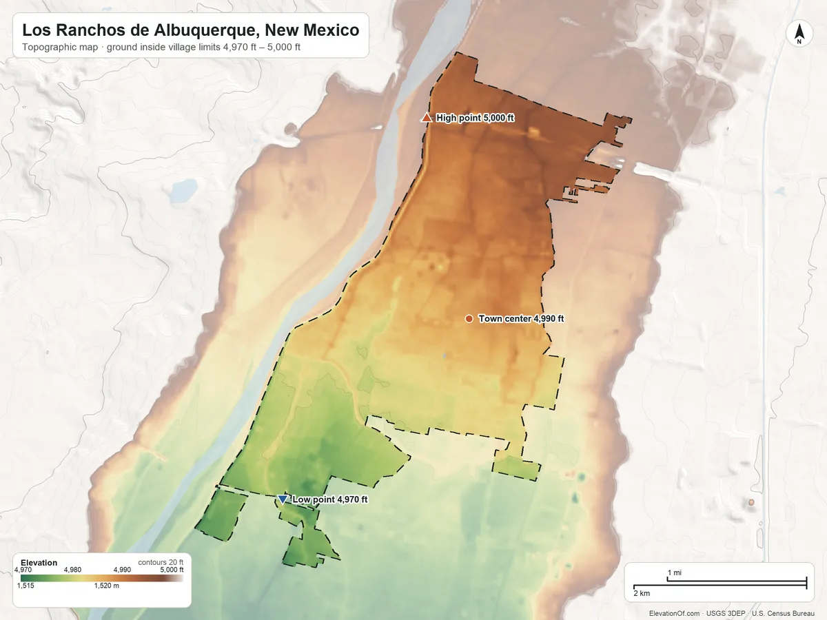 Topographic elevation map of Los Ranchos de Albuquerque, New Mexico, shaded from 4,970 ft on the southwest side to 5,000 ft on the north side